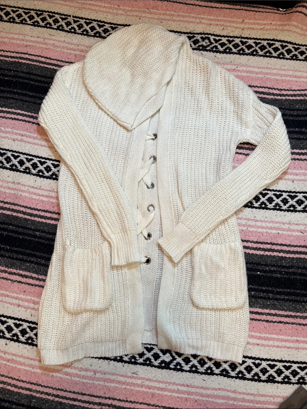 Cream Hooded Knit Cardigan Sweater with Back Lace-Up